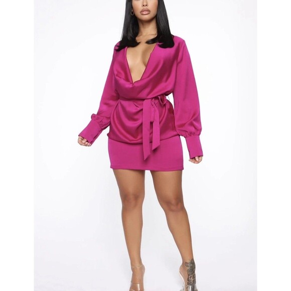 Fashion Nova Blouson Dress 1X Magenta Plunge Cowlneck LS Cocktail Mini Dress - Picture 1 of 14